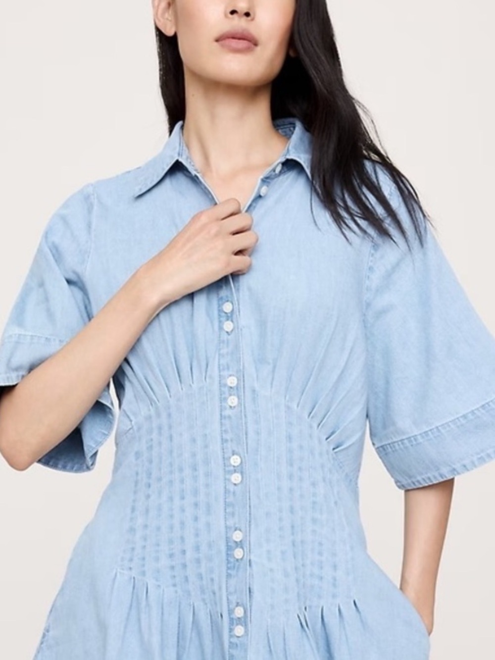Banana Republic Indigo Light Blue Denim Chambray Pintuck Shirt Dress Size M NWT - Picture 2 of 14